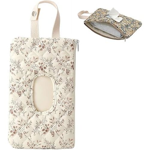 Travel Baby Wipes Case, Refillable Waterproof Wet Wipe Dispenser and Diaper Pouch, Portable Floral Quilted Diaper Pouch Mommy Bag for Walking Outdoor Activities Car (Beige 1pcs)