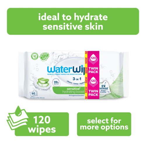 WaterWipes Sensitive+ Hydrating Boost Wipes, 3-In-1 Cleans, Cares, Hydrates, 99% Water with Aloe Vera, Unscented & Hypoallergenic Baby Wipes, 2 Packs (120 Wipes)