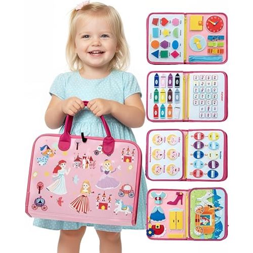 Busy Board for 1 Year Old, Busy Book for Toddlers 1-3, 2 Year Old Girl Toys, Montessori Toys for 1 Year Old, Educational Sensory Activities, Learning Fine Motor Skills Travel Toy for Toddler(Pink)