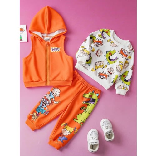 Nick 90s | SHEIN 3pcs Baby Boy Cute Cartoon Figure Graphic Crew Neck Long Sleeve Sweatshirt + Hooded Vest + Dinosaur Print Knit Pants Set Fall Winter | SHEIN USA
