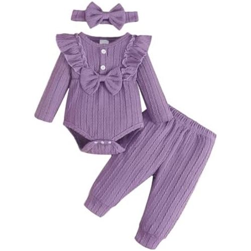 SUNNY PIGGY Baby Girl Clothes Newborn Infant Romper Ruffle Baby Girl's Outfit Knit Texture Fall Winter Clothing Pants Set