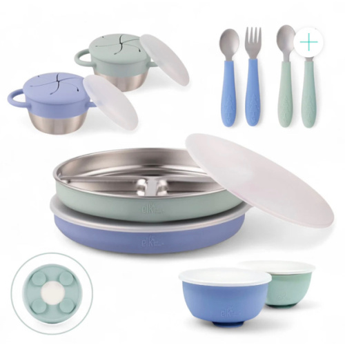 Stainless Steel Mealtime Bundle | Plates, Bowls, Snack Cups + Toddler Utensils | Suction Sleeves | Sage/MistyBlue