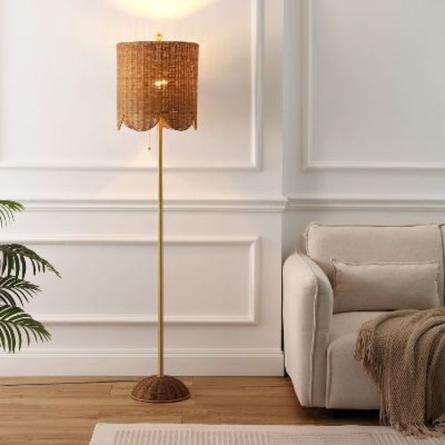 JONATHAN Y Joel 63.5" Coastal Bohemian Scallop Shade Rattan/Metal LED Floor Lamp with Pull Chain, Brown/Brass Gold