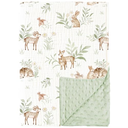 Konssy Baby Blankets for Unisex Boys Girls, Super Soft Nursery Minky Blankets with Muslin Cotton Front and Dotted Fleece Backing, Printed Bed Throws Newborn