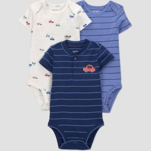 6 mos Carter's Just One You® Baby Boys' 3pk Striped Cars Bodysuits - White/Blue/Navy Blue