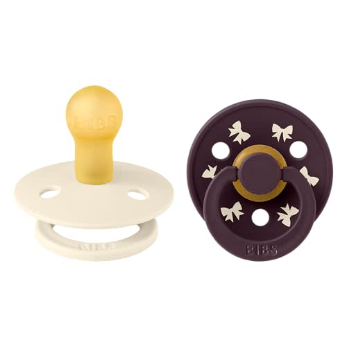 BIBS Colour Pacifier, 0-6 Months, 2-Pack, Round Nipple, Ivory/Plum | Natural Rubber Latex | Size 1 | BPA-Free | Made in Denmark | High Nipple Acceptance | Airflow Holes | Comfort Shield