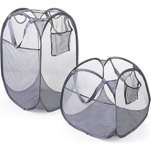 Smart Design Deluxe Mesh Laundry Pop Up Hamper Combo w/ Rectangle & Square Hampers - Durable Fabric Collapsible Design - for Clothes & Laundry - Home Organization [Gray] (Pack of 2)