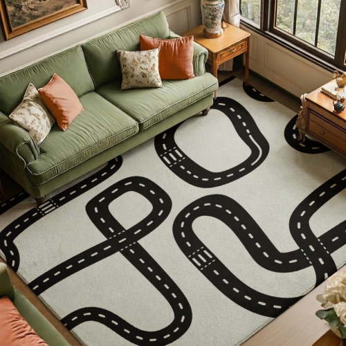 Rdsfhsp Road Track Velvet Area Rug, Black and White Winding Road Pattern Soft Carpet for Kids Room Playroom Bedroom Nursery Home Decor