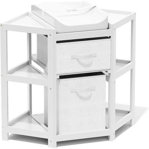 KORIMEFA Changing Table with Drawers, Corner Baby Diaper Changing Station with Laundry Hamper, Storage Bin, and Contoured Pad for Baby - White