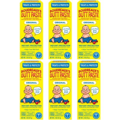 Boudreaux's Butt Paste Original Diaper Rash Cream, Ointment for Baby, 2 oz Tube (Pack of 6)