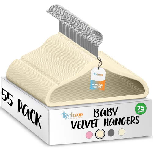 Techzoo Premium Baby Velvet Hangers 55 Pack – 11.8" Non Slip Felt Cloth Hangers for Closet – Ultra Slim, Space Saving Baby Clothes Hangers with 360° Swivel Hook Infant Hangers – Beige