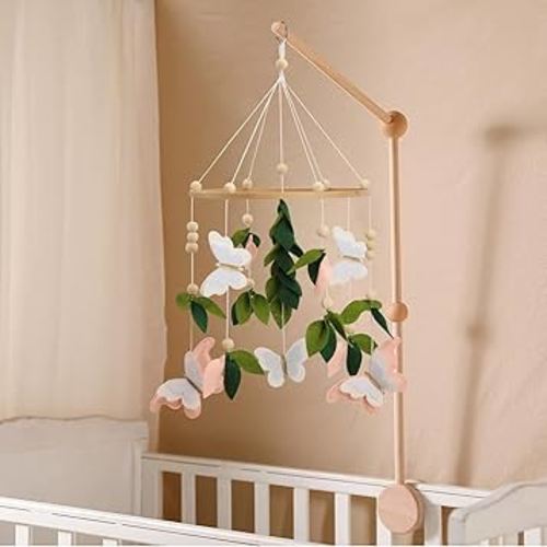 Butterfly Mobile for Crib - A Beautiful Butterfly Handmade Crib Mobile with Green Leaves, Pink, White and Gold Detail for a Nature or Wildflower Theme Nursery