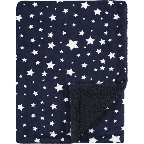 Hudson Baby Unisex Baby Plush Mink and Sherpa Blanket, Navy Star, One Size