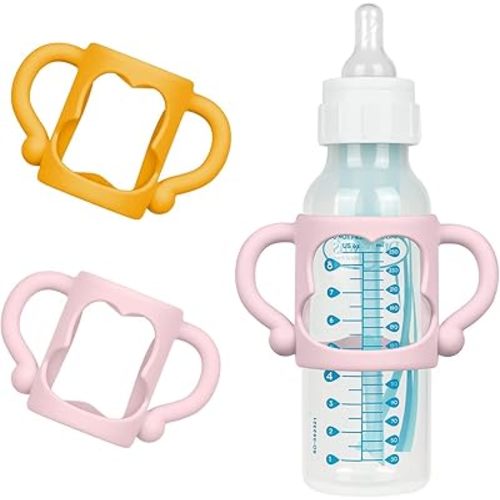 Silicone Baby Bottle Handles, 2PCS Bottle Handles for Dr Brown Narrow Bottles, Easy Grip Handles to Hold Baby Bottle, Easy Carry Handle Lightweight Bottle Handle(Pink/Orange)