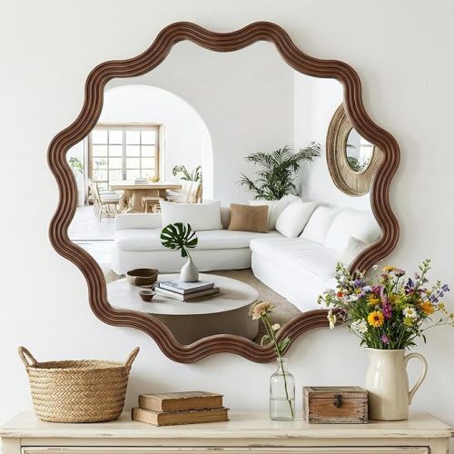 Farmhouse Round Wood Wall Mirror - Large Walnut Scalloped Boho Mirror Decor with Wooden Frame, Rustic Mirror for Living Room, Nursery,Bedroom, Entryway, Fireplace, Dining Room, Hallway,24"X36"