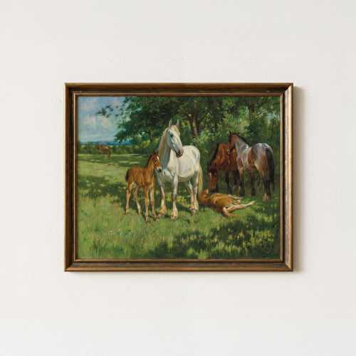 Vintage Horse Painting | Antique Equestrian Family Wall Decor | Countryside Farmhouse Home Art | Mailed Print