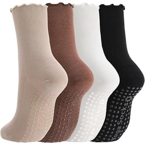 5 Pairs Grip Yoga Socks for Women Non Slip Crew Socks with Ruffle Cuff, Soft Stretch Pilates Barre Workout Sock