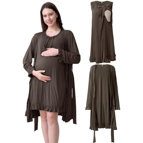 Ruffle Maternity Nursing Gown & Robe Set for Hospital Loungewear