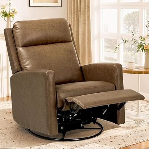 Leather Recliner Chair for Adults, Swivel Rocker Recliner for Small Spaces, Wide Glider Rocking Nursery Chair with Ergonomic High Backrest, for Home Living Room, Office, Bedroom（Brown）