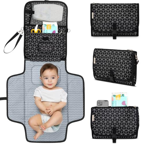 KeaBabies Portable Diaper Changing Pad, Baby Changing Mat (Black Geo) | Waterproof, Wipeable, Large, Padded, On The Go, Car, Travel Diaper Clutch Bag, Easy to Use Pockets for Newborn Essential