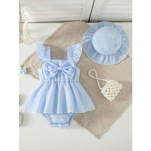 Summer Baby Girls' Striped Romper With Big Bow Decor, Cap Sleeve Bib Overall, Versatile Outfits For Infants, With Sun Hat, Newborn Summer Clothing Gift | SHEIN