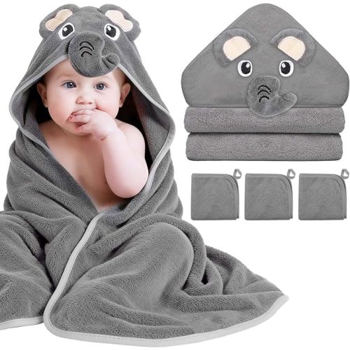 4 Pcs Baby Towels and Washcloths Set, 1 Pcs Animal Hooded Baby Towels & 3 Pcs Baby Washcloths for Newborns, Toddlers, and Kids, Soft Absorbent Hooded Bath Towel for Boys & Girls (Gray Elephant)
