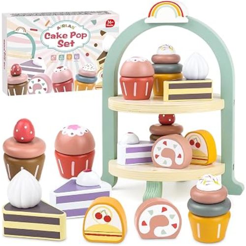 Wooden Cake Toys Tea Party Set Desserts Food Toy with Cupcake Stand