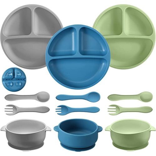 CHENGU 12 Pcs Silicone Bowl with Suction Set for Baby Toddler with Suction Plate, Spoon and Fork, Divided Design Baby Feeding Utensils Weaning Kit, Dishwasher and Microwave Safe