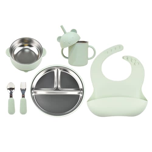 Stainless Steel Baby Feeding Set (6-Piece) – Suction Plate & Bowl, Straw Cup, Spoon, Fork & Bib – Non-Toxic, BPA-Free, Durable Set for Starting Solids, Essentials for Babies & Toddlers (Sage Green)