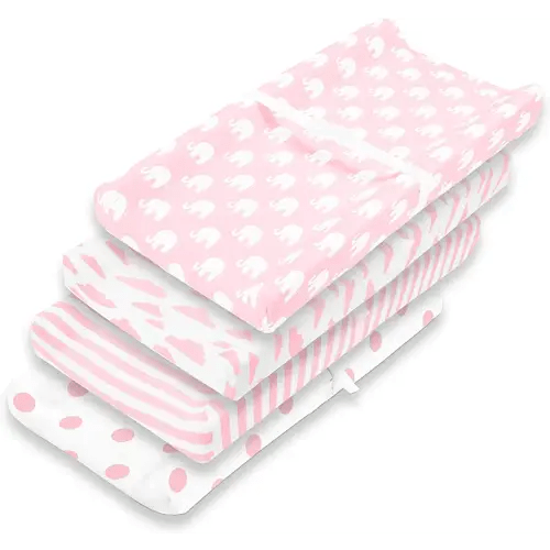 Premium Baby 4 Pack Girl Pure Jersey Machine Washable Pink and White Changing Table Cover – Diaper Changing Pad Cover Sheets