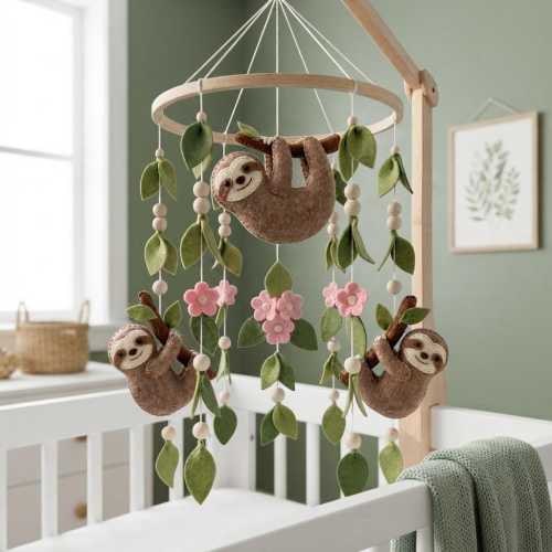 Felt Sloth Baby Mobile, Floral Jungle Crib Decor, Botanical Nursery Hanging