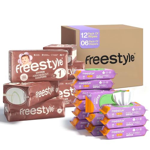 Freestyle Diapers Size 1 (Pack of 6) and Jumbo Wipes (Pack of 12) - Monthly Supply Virtual Bundle - Hyper Absorbent, Pediatrician-Approved Diaper for Babies - EWG Certified, Hypoallergenic Wet Wipes