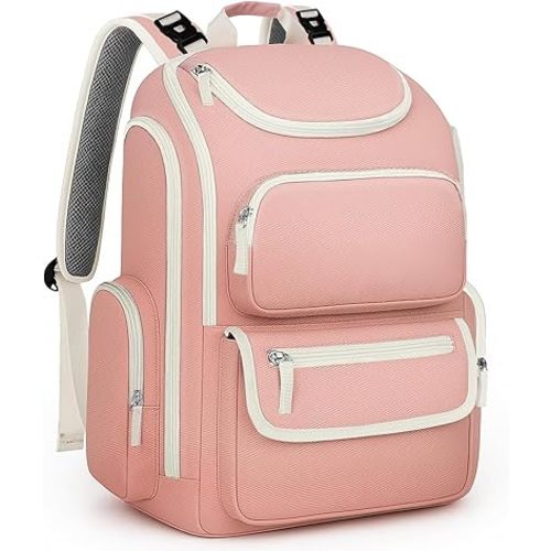 Mancro Diaper Bag Backpack, Multifunctional Baby Bag with Large Capacity and Waterproof Fabric,Diaper Backpack for Moms and Dads with 2 Side Insulated Pockets, Pink and Beige