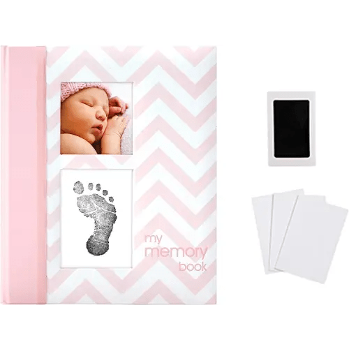 Pearhead First 5 Years Chevron Baby Memory Book With Clean-Touch Baby Safe Ink Pad To Make Baby's Hand Or Footprint Included, Newborn Milestone And Pregnancy Journal, Pink