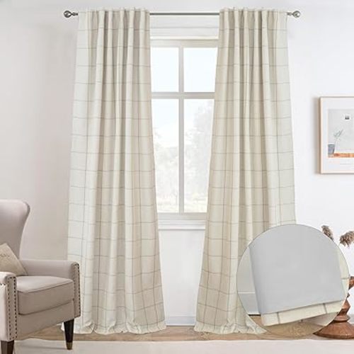 DriftAway 2 Panels 100% Blackout Windowpane Plaid Linen Curtains Double Layer Drapes for Bedroom 102 Inches Long Farmhouse Thermal Insulated 3.25 Inch Rod Pocket Back Tab for Living Room Taupe