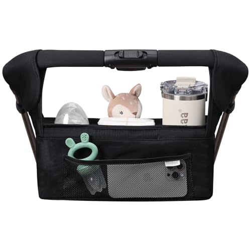 haakaa Stroll & Go Organiser with 2 Insulated Cup Holder - Black, Ultimate Stroller Organizer Universal Fit with Adjustable Non-Slip Straps & Hooks, Stroller Caddy Accessories with Shoulder Strap