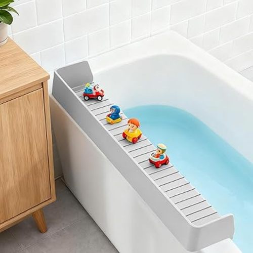 Bathtub Splash Guard for Kids,2.6 FT Silicone Bathtub Play Shelf with 11 Suction Cups, Bath Tub Ledge Shelf for Kids, Prevents Water Spills in Bathroom (Grey)