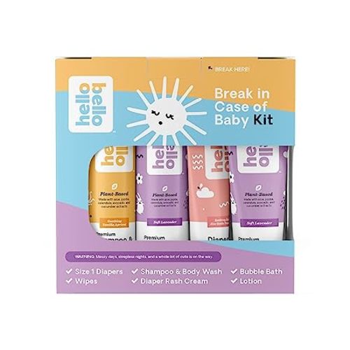 Hello Bello Break in Case of Baby Kit I Hypoallergenic Baby and Kid Gift Set with Shampoo & Body Wash, Bubble Bath, Lotion, Diaper Cream & Size 1 Diapers I Vegan and Cruelty Free