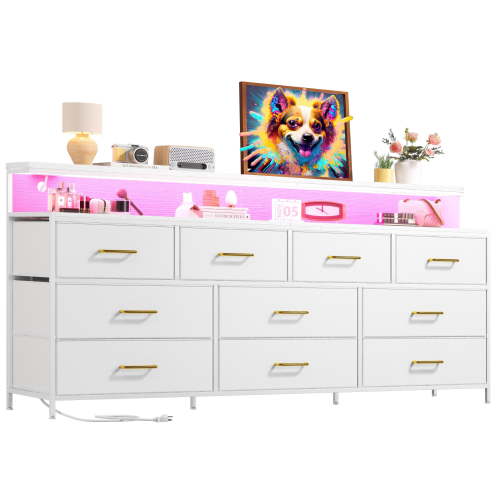 EnHomee White 55"Long Dresser for Bedroom 10 Drawers LED Dresser with charging station Fabric Dressers & Chests of Drawers,11.6"W x 55"L x 31.5"H