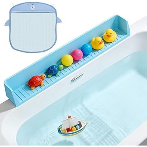 Extended Super Long Kids Bathtub Splash Guard - 32 Inch Food-Grade Silicone, 11 Strong Suction Cups, Toy Tray Caddy & Bath Toy Storage, No Spill Barrier (Blue)
