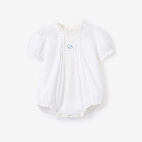Swiss Dot Pintucked Bubble w/ Rose Embroidery WHITE / 3-6M