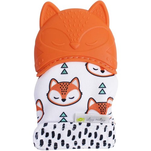 Itzy Ritzy Silicone Teething Mitt - Soothing Infant Teething Mitten with Adjustable Strap, Crinkle Sound & Textured Silicone to Soothe Sore & Swollen Gums - For Ages 3 Months & Up (Fox)