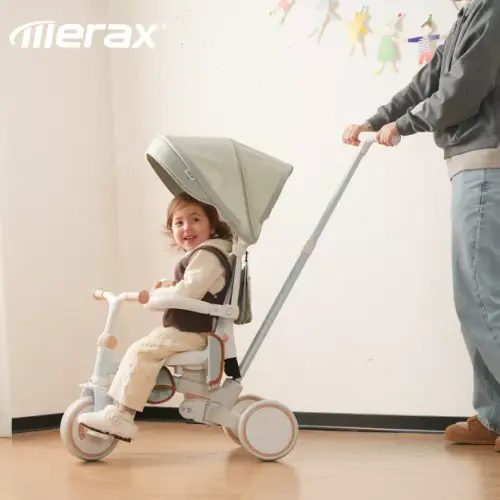 7-in-1 Foldable Toddler Tricycle with Adjustable Parent Handle, Removable Pedal, Canopy & Guardrail, Trike for Kids 12-72 Months, Blue - Merax