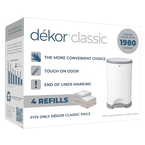 Diaper Dekor Classic Diaper Pail Refills | 4 Count | Most Economical Refill System | Quick & Easy to Replace | No Preset Bag Size Use Only What You Need | Exclusive End-of-Liner Marking