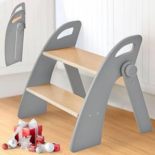 Wooden Step Stool, Two Step Stools, 300 lb. Load Capacity, with Safety Non-Slip Pads and Handles, Bamboo Step Stool for Bathroom and Kitchen, Children's Christmas Gift (Grizzly)