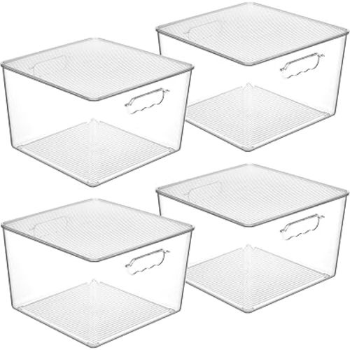 Vtopmart 4 Pack Extra Large Clear Stackable Storage Bins with Lids, 11x11 Cube Organizer with Handle, Plastic Containers for Pantry, Closet, LaundryRoom, Kitchen, Bathroom, UnderSink Organization