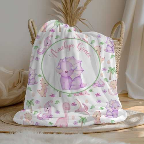 Personalized Dinosaur Baby Girl Blanket | Custom Name Crib Blanket | Swaddle Set | Minky Fleece Sherpa | Baby Shower Gift | Nursery Decor