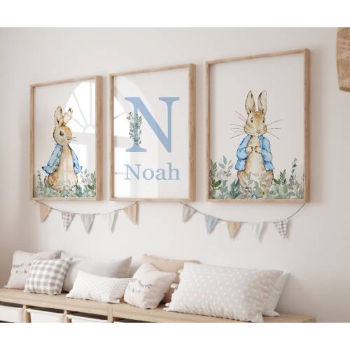 Peter Rabbit Nursery Print Set, Botanical Blue, Personalized Name (Digital Option)