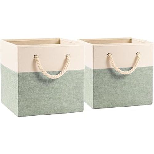 PRANDOM Large Foldable Cube Storage Bins 11x11 inch [2-Pack] Fabric Linen Storage Baskets Cubes Drawer with Cotton Handles Organizer for Shelves Nursery Closet Bedroom Beige/Green