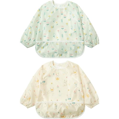 Little Dimsum Baby Bib with Pocket Waterproof Toddler Bibs Infant Feeding Bibs for Boys and Girls, Pack of 2 Colors